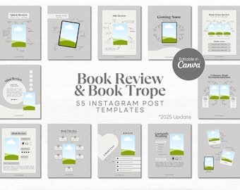 May include: A set of 55 Instagram post templates for book reviews and book tropes. The templates feature a variety of designs, including a book cover, a heart, a cloud, and a book stack. The templates are editable in Canva and are perfect for book bloggers and reviewers.