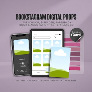 Op de afbeelding: Digitale props voor Bookstagram, waaronder een smartphone, tablet en paperback boek mockup. De smartphone toont een audiobook interface. De tablet toont een boek lay-out. De afbeelding bevat annotatie tabs en de tekst "BOOKSTAGRAM DIGITAL PROPS".
