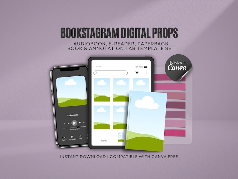 May include: Digital props for Bookstagram, including a smartphone, tablet, and paperback book mockup. The smartphone displays an audiobook interface. The tablet shows a book layout. The image includes annotation tabs and text that reads "BOOKSTAGRAM DIGITAL PROPS".