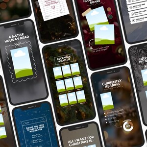 May include: A collection of smartphones displaying various holiday-themed digital content. The screens feature text like "Holiday Read," "December Wrap-Up," and "Currently Reading," along with images of landscapes and text. The overall theme is related to books and reading.