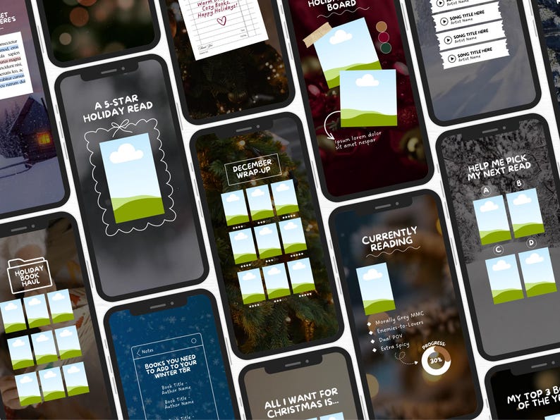 May include: A collection of smartphones displaying various holiday-themed digital content. The screens feature text like "Holiday Read," "December Wrap-Up," and "Currently Reading," along with images of landscapes and text. The overall theme is related to books and reading.