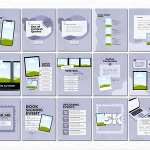 May include: A set of fifteen light purple social media templates for authors, featuring various layouts for book promotion, author Q&A, event announcements, and giveaways, with placeholders for text and images on a consistent lavender background.