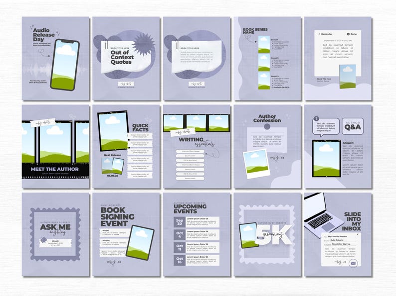 May include: A set of fifteen light purple social media templates for authors, featuring various layouts for book promotion, author Q&A, event announcements, and giveaways, with placeholders for text and images on a consistent lavender background.