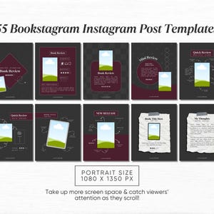 May include: 55 Instagram post templates for bookstagram featuring different layouts with a book cover, text, and illustrations. The templates are designed for portrait orientation with a size of 1080 x 1350 pixels.