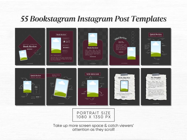 May include: 55 Instagram post templates for bookstagram featuring different layouts with a book cover, text, and illustrations. The templates are designed for portrait orientation with a size of 1080 x 1350 pixels.