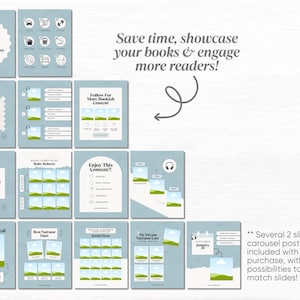 Puede incluir: Un conjunto de plantillas de redes sociales de color azul claro para promocionar audiolibros. Las plantillas presentan varios dise&ntilde;os con texto como "9 Places To Enjoy Audiobooks" y "Romance Audiobook Rec's". La imagen incluye el texto "Save time, showcase your books & engage more readers!"