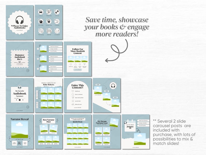 Puede incluir: Un conjunto de plantillas de redes sociales de color azul claro para promocionar audiolibros. Las plantillas presentan varios dise&ntilde;os con texto como "9 Places To Enjoy Audiobooks" y "Romance Audiobook Rec's". La imagen incluye el texto "Save time, showcase your books & engage more readers!"