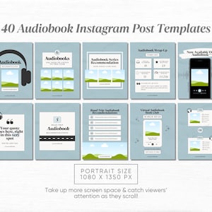Puede incluir: Un conjunto de 40 plantillas de publicaciones de Instagram para audiolibros, tama&ntilde;o vertical 1080 x 1350 px. Las plantillas presentan dise&ntilde;os con auriculares, paisajes y texto, incluyendo "Audiobook" y "Recommendations."