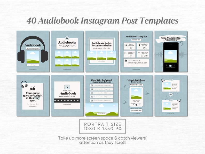 Puede incluir: Un conjunto de 40 plantillas de publicaciones de Instagram para audiolibros, tama&ntilde;o vertical 1080 x 1350 px. Las plantillas presentan dise&ntilde;os con auriculares, paisajes y texto, incluyendo "Audiobook" y "Recommendations."
