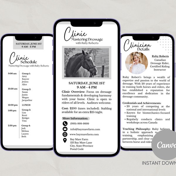 Digital Horse Event Details Template | Horse Clinic Schedule | Equestrian Business | Editable Canva | Instant Download | Text, Email Message