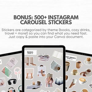 May include: A digital collection of 500+ Instagram carousel stickers displayed on three tablet screens. The stickers feature various themes including books, headphones, and cozy drinks, with text labels like HEADPHONES, BOOKS (PART I), and COZY DRINKS (PART I).