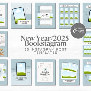 Könnte beinhalten: Ein Set mit 35 Instagram-Post-Vorlagen für Bookstagram mit einem blauen und grünen Farbschema und Illustrationen von Wolken, Büchern und Flugzeugen. Die Vorlagen beinhalten Titel wie "4 Bücher, um das Jahr zu beginnen", "Meine erste Lektüre von 2025", "Erste Zeilen von 2025", "6 Bücher, die dein Leben 2025 verändern werden", "Cover des Monats", "5 Lese-Reisetipps", "Mein ideales Buch-Wochenende", "2025 TBR-Liste" und "Autor im Rampenlicht".