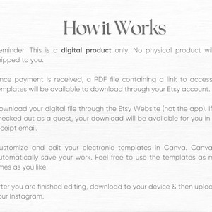 May include: Text explaining how to access and use digital templates. The text says "How it Works" and includes instructions on how to download, edit, and upload templates to Instagram.