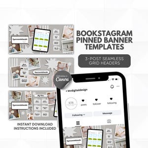 Puede incluir: Plantillas de banner fijadas de Bookstagram con un diseño de encabezado de cuadrícula sin costuras de 3 publicaciones. La imagen incluye un teléfono inteligente que muestra un perfil de Instagram y plantillas con el texto "Editable in Canva".