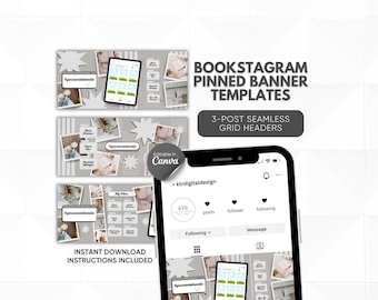 May include: Bookstagram pinned banner templates with a 3-post seamless grid header design. The image includes a smartphone displaying an Instagram profile, and templates with the text "Editable in Canva" and "Instant Download Instructions Included."