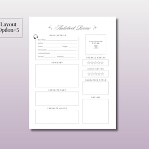 May include: A printable audiobook review template with sections for book details, summary, favorite part, favorite quote, overall rating, audio rating, narration style, and review. The template has a simple design with stars for ratings and a headphone icon.