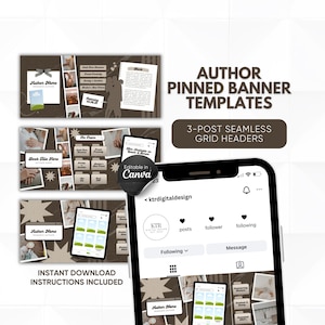 Op de afbeelding: Auteur vastgezette bannertemplates met een naadloos 3-post raster header ontwerp. De afbeelding bevat een smartphone mockup, Canva bewerkbare templates en direct download instructies. Het ontwerp heeft een neutraal kleurenpalet.