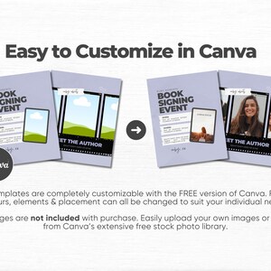 May include: Two light purple digital templates for a book signing event and meet the author session. The designs feature placeholders for text and images, with a film strip graphic at the bottom. The text reads Easy to Customize in Canva.