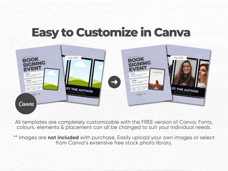 May include: Two light purple digital templates for a book signing event and meet the author session. The designs feature placeholders for text and images, with a film strip graphic at the bottom. The text reads Easy to Customize in Canva.