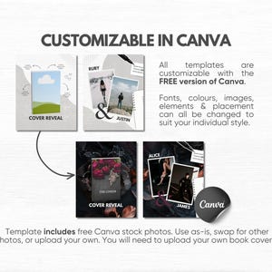 May include: A digital template set for book cover reveals, featuring four distinct layouts with placeholders for images and text. The text reads CUSTOMIZABLE IN CANVA, COVER REVEAL, RUBY & JUSTIN, ALICE & JAMES, and THE LOREM, alongside instructional notes.