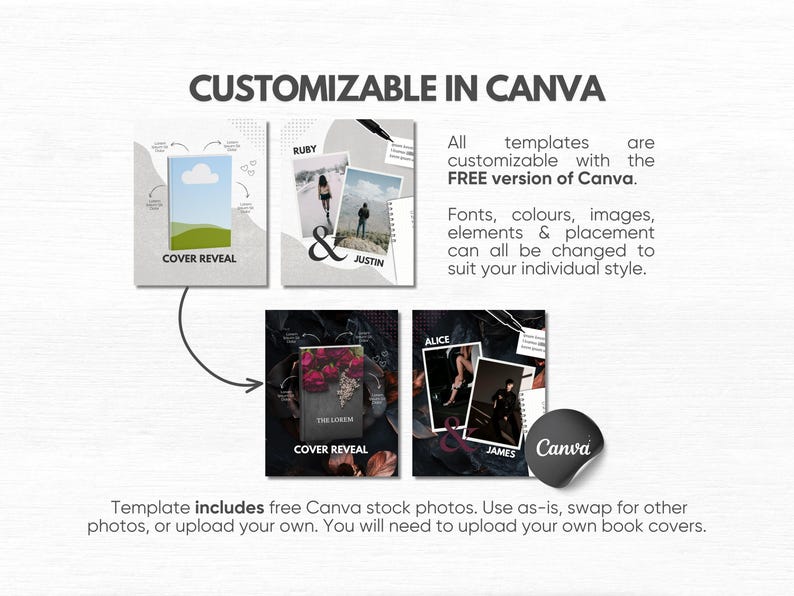 May include: A digital template set for book cover reveals, featuring four distinct layouts with placeholders for images and text. The text reads CUSTOMIZABLE IN CANVA, COVER REVEAL, RUBY & JUSTIN, ALICE & JAMES, and THE LOREM, alongside instructional notes.