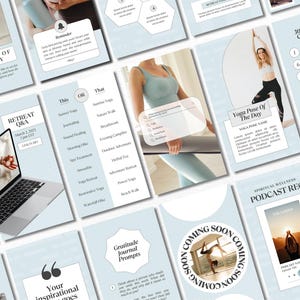 May include: A light blue and white digital planner with a 30-day yoga challenge, a yoga pose of the day, a retreat Q&A, gratitude journal prompts, and a spiritual wellness podcast recommendation. The planner has a light blue background with white text and graphics.