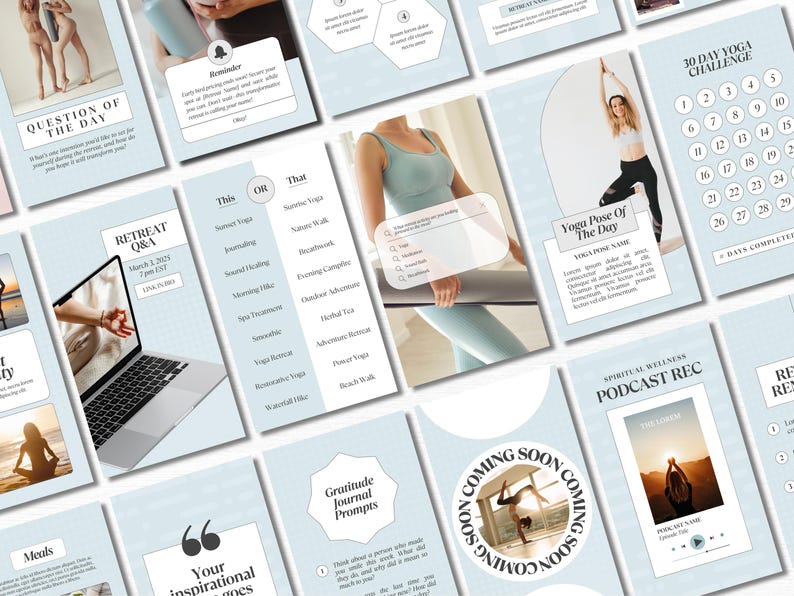 May include: A light blue and white digital planner with a 30-day yoga challenge, a yoga pose of the day, a retreat Q&A, gratitude journal prompts, and a spiritual wellness podcast recommendation. The planner has a light blue background with white text and graphics.