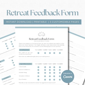 Sjabloon feedbackformulier voor retraites Aanpasbaar enquêteformulier Planningssjabloon yoga-retraite Afdrukbare vragenlijst voor klanten Feedbackblad voor gasten