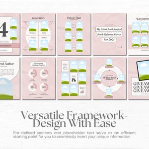 May include: A pink and white digital planner template with a variety of sections for book lovers. The sections include "Genre Rec's", "This or That", "My Most Anticipated Book Release Dates for 2025", "Featured Author", "2021 Reading Challenge Progress", "My Most Read Authors", and "Giveaway".
