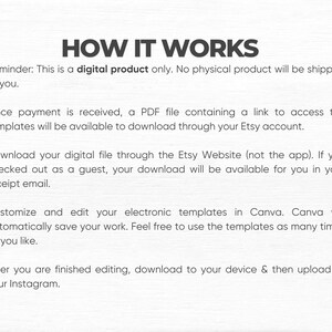 May include: A digital informational graphic with the heading HOW IT WORKS in dark gray text. The body text explains the process for accessing, downloading, and editing digital templates in Canva for use on Instagram, noting it is a digital product.