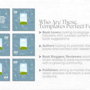 May include: Five blue and white graphic templates with a green and blue landscape illustration. The text "Books that will get you out of a reading slump" is on the first template. The text "Who Are These Templates Perfect For?" is on the right side of the image. The text "Book Lovers looking to engage their followers with curated content and book suggestions." is on the right side of the image. The text "Authors looking to promote their books and connect with readers." is on the right side of the image. The text "Book Bloggers/Reviewers wanting to share reviews & book recommendations with a growing community." is on the right side of the image. The text "Publishers aiming to market their latest releases and reach a wider audience." is on the right side of the image.