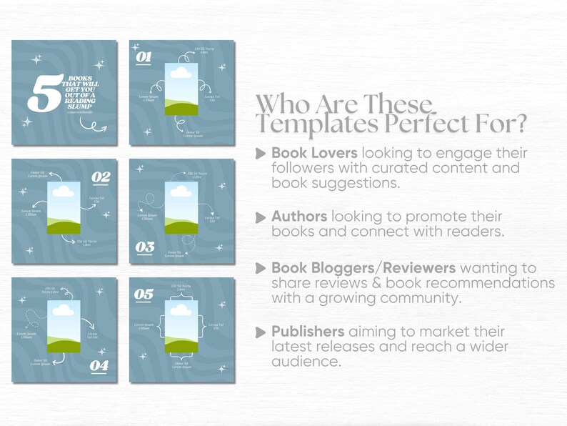 May include: Five blue and white graphic templates with a green and blue landscape illustration. The text "Books that will get you out of a reading slump" is on the first template. The text "Who Are These Templates Perfect For?" is on the right side of the image. The text "Book Lovers looking to engage their followers with curated content and book suggestions." is on the right side of the image. The text "Authors looking to promote their books and connect with readers." is on the right side of the image. The text "Book Bloggers/Reviewers wanting to share reviews & book recommendations with a growing community." is on the right side of the image. The text "Publishers aiming to market their latest releases and reach a wider audience." is on the right side of the image.