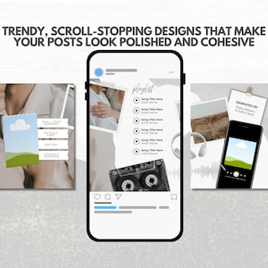 May include: A digital display showing three social media post templates featuring book covers, a music playlist with a cassette tape, and a smartphone interface. The text at the top reads: TRENDY, SCROLL-STOPPING DESIGNS THAT MAKE YOUR POSTS LOOK POLISHED AND COHESIVE.