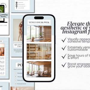 May include: A phone screen displaying a mockup of Instagram posts for a yoga studio. The posts feature images of a yoga studio interior, a yoga instructor, and text about the studio's offerings. The text on the phone screen reads "Venue Sneak Peek" and "Elevate the aesthetic of your Instagram feed".