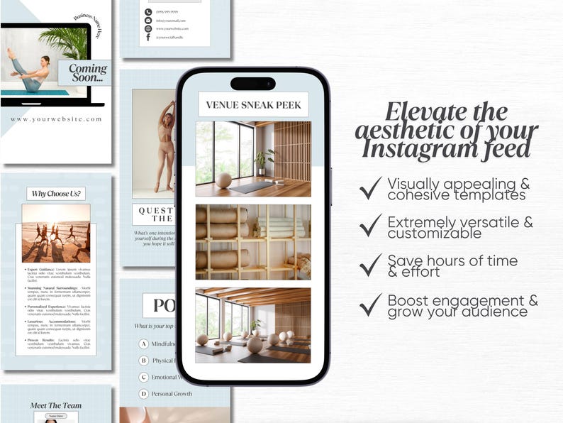 May include: A phone screen displaying a mockup of Instagram posts for a yoga studio. The posts feature images of a yoga studio interior, a yoga instructor, and text about the studio's offerings. The text on the phone screen reads "Venue Sneak Peek" and "Elevate the aesthetic of your Instagram feed".