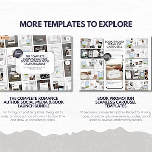 May include: A digital product display featuring two sets of social media templates. The left side shows The Complete Romance Author Social Media & Book Launch Bundle with 165 Instagram post templates. The right side shows Book Promo Seamless Carousels with 10 templates, including a smartphone graphic displaying a carousel layout.