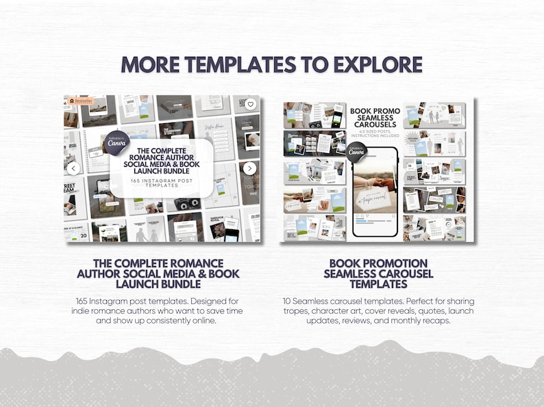 May include: A digital product display featuring two sets of social media templates. The left side shows The Complete Romance Author Social Media & Book Launch Bundle with 165 Instagram post templates. The right side shows Book Promo Seamless Carousels with 10 templates, including a smartphone graphic displaying a carousel layout.