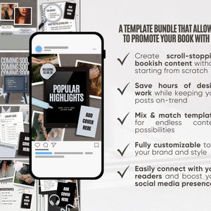 K&ouml;nnte beinhalten: Ein Werbebild mit einem Smartphone, das eine Vorlage f&uuml;r "Beliebte Highlights" anzeigt. Um das Telefon herum befinden sich verschiedene Social-Media-Vorlagen mit dem Text "Add Cover Here". Der Text "A Template Bundle That Allows You To Promote Your Book With Ease" ist ebenfalls sichtbar.