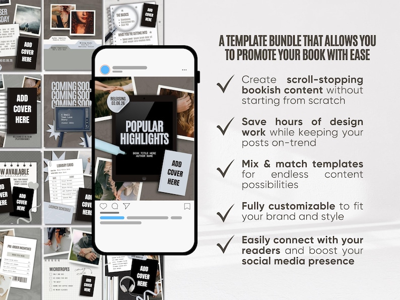 K&ouml;nnte beinhalten: Ein Werbebild mit einem Smartphone, das eine Vorlage f&uuml;r "Beliebte Highlights" anzeigt. Um das Telefon herum befinden sich verschiedene Social-Media-Vorlagen mit dem Text "Add Cover Here". Der Text "A Template Bundle That Allows You To Promote Your Book With Ease" ist ebenfalls sichtbar.