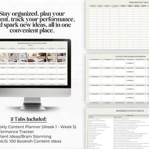 May include: A computer screen displaying a content planner with eight tabs, including a weekly content planner, performance tracker, content ideas, and brain-storming sections. The text on the screen reads "Bookeram Content Planner".