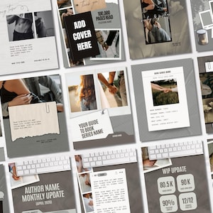 K&ouml;nnte beinhalten: Eine Sammlung digitaler Vorlagen mit einer neutralen Farbpalette. Die Vorlagen umfassen Buchcover, Social-Media-Grafiken und Werbematerialien. Einige Vorlagen zeigen Bilder von Paaren, H&auml;nden und Text&uuml;berlagerungen. Der Text enth&auml;lt S&auml;tze wie "Add Cover Here" und "Giveaway".