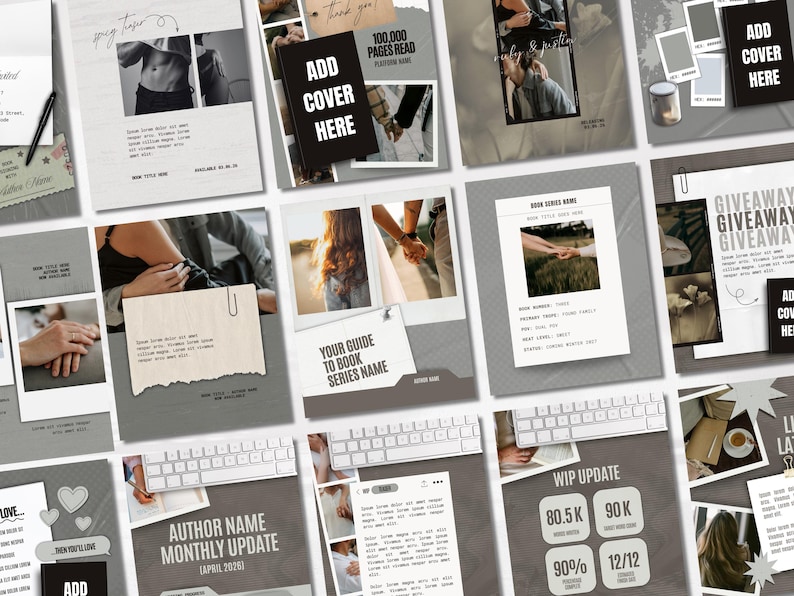 K&ouml;nnte beinhalten: Eine Sammlung digitaler Vorlagen mit einer neutralen Farbpalette. Die Vorlagen umfassen Buchcover, Social-Media-Grafiken und Werbematerialien. Einige Vorlagen zeigen Bilder von Paaren, H&auml;nden und Text&uuml;berlagerungen. Der Text enth&auml;lt S&auml;tze wie "Add Cover Here" und "Giveaway".