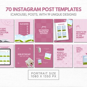May include: A collection of 70 Instagram post templates in portrait size 1080 x 1350 px, featuring 19 unique designs in shades of pink. The templates include text such as My Soft Reading Goals for 2026, My Favorite New-To-Me Authors, and What's On My Kindle.