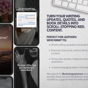 May include: A digital marketing template for authors featuring multiple smartphone screens displaying social media content, including text overlays like "This Scene?" and "The kind of line that gets highlighted immediately," alongside a keyboard.