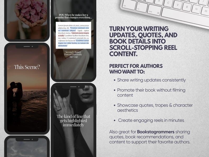 May include: A digital marketing template for authors featuring multiple smartphone screens displaying social media content, including text overlays like "This Scene?" and "The kind of line that gets highlighted immediately," alongside a keyboard.