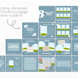 May include: A blue and white graphic design template for social media featuring a book stack, a book cover, and the text "Save time, showcase your books & engage more readers!"
