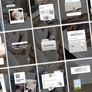 May include: A collage of images featuring digital mockups, open books, and laptops. Text overlays include "Behind the Scenes", "Month of Content the Easy Way", "My Favorite Fonts for Author Graphics", and "3 Reasons Every Author Needs a PA".
