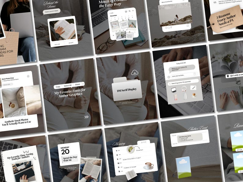 May include: A collage of images featuring digital mockups, open books, and laptops. Text overlays include "Behind the Scenes", "Month of Content the Easy Way", "My Favorite Fonts for Author Graphics", and "3 Reasons Every Author Needs a PA".