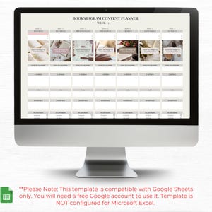 May include: A computer screen displaying a content planner template for Instagram. The template is titled "Bookstagram Content Planner" and is divided into seven columns, each representing a day of the week. The template includes space for planning posts, captions, and hashtags.