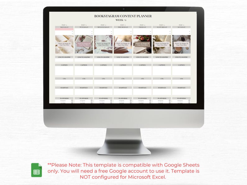 May include: A computer screen displaying a content planner template for Instagram. The template is titled "Bookstagram Content Planner" and is divided into seven columns, each representing a day of the week. The template includes space for planning posts, captions, and hashtags.